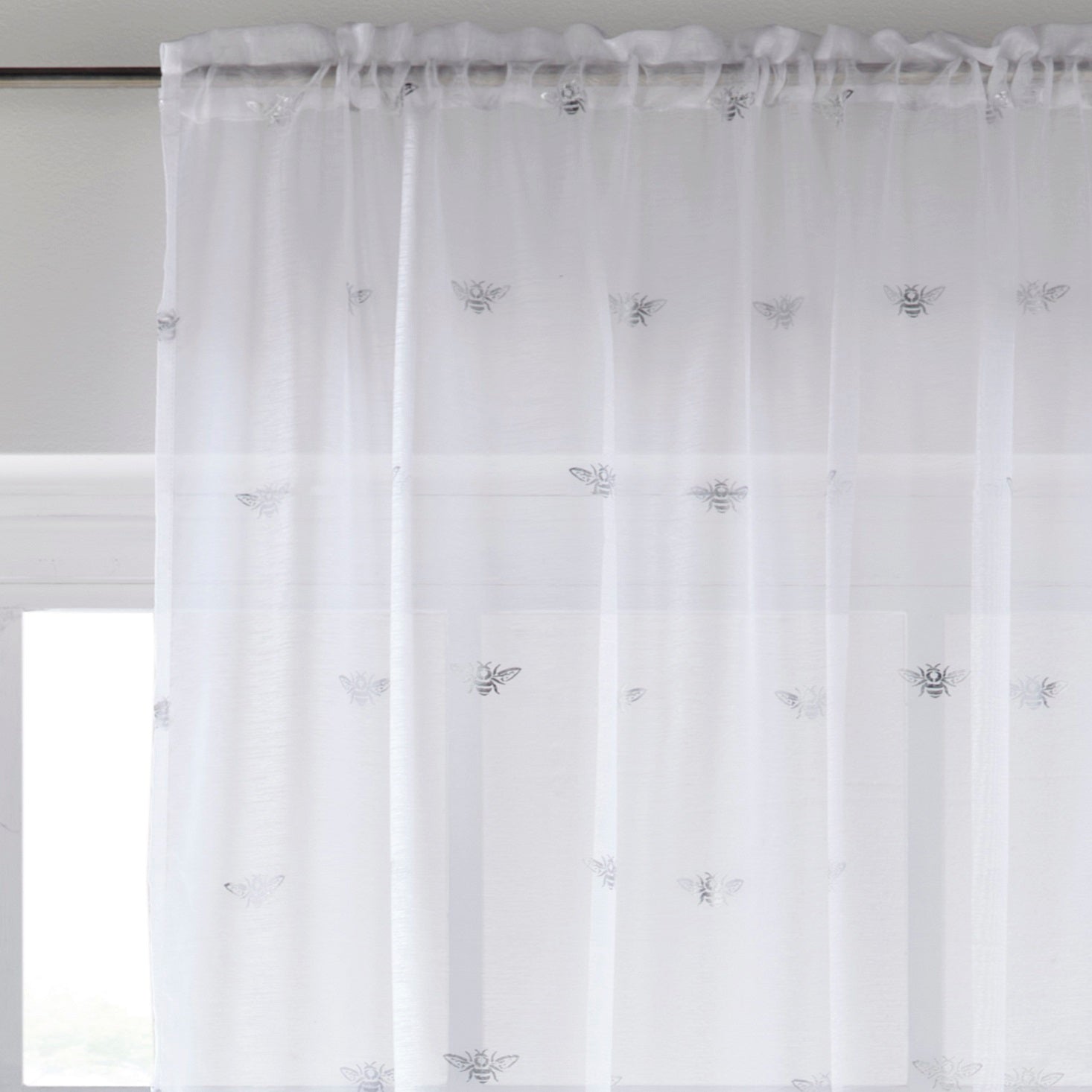 55x90" Sparkle Bees Voile Net Curtains Panel - White & Silver Grey
