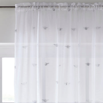 55x90" Sparkle Bees Voile Net Curtains Panel - White & Silver Grey