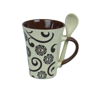 250ml Floral Design Cream Ceramic Mug Spoon on Handle