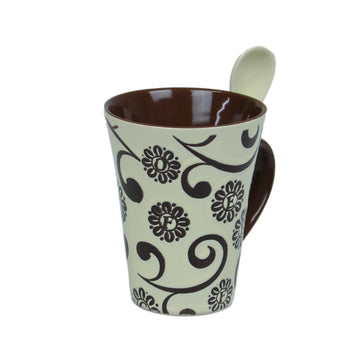 250ml Floral Design Cream Ceramic Mug Spoon on Handle