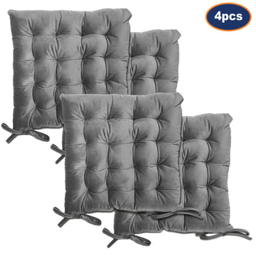 4 Pcs Thick & Quilted Velvet Seat Pad with Tie On - Silver