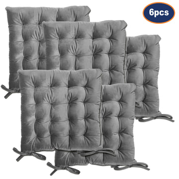 6 Pcs Thick & Quilted Velvet Seat Pad with Tie On - Silver