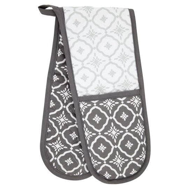 Geometric 100% Cotton Double Oven Gloves - Grey