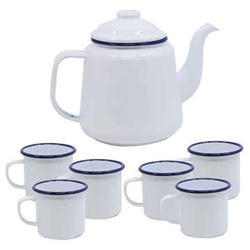 6pcs Falcon White Blue Rim 500ml Enamel Mugs & Teapot