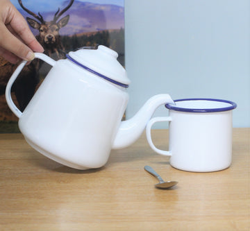 2pcs Falcon White Blue Rim 500ml Enamel Mug & Teapot