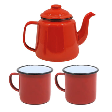 2pcs Falcon Red Black Rim 500ml Enamel Mugs & Teapot