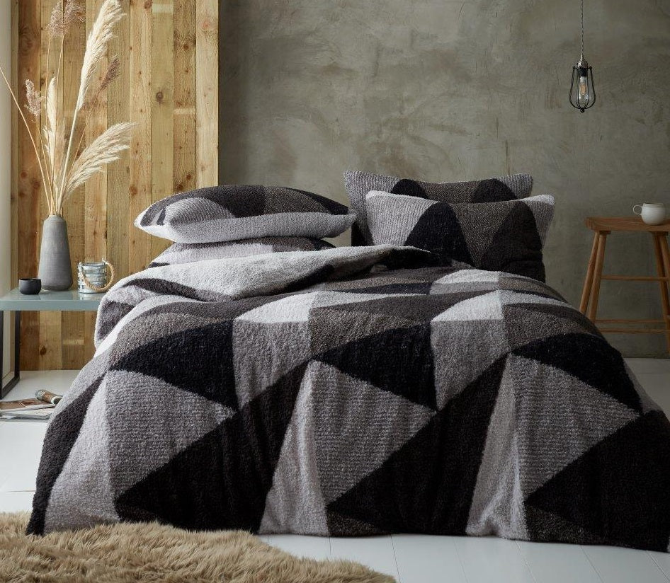 Teddy Geometric Duvet Cover Set Double Charcoal Grey