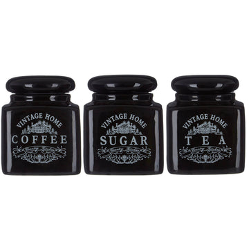Set Of 3 Black Vintage Tea Sugar & Coffee Jars