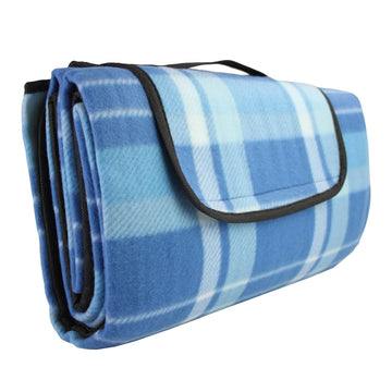 135×105cm Blue Fleece Checkered Picnic Blanket With Handle