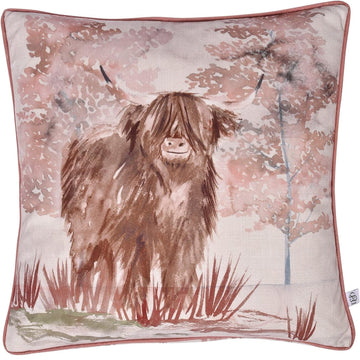 Highland Cow Terracotta Sofa Scatter Filled Cushion 43x43cm