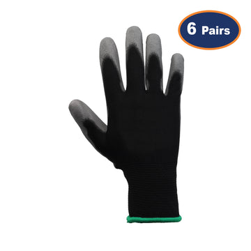 6Pcs Large Size PU Palm Black/Grey Safety Glove