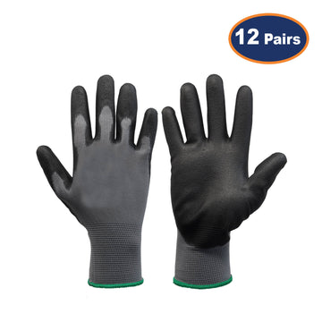 12Pcs Large Size PU Palm Grey/Black Safety Glove