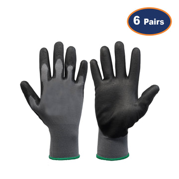 6Pcs Large Size PU Palm Grey/Black Safety Glove