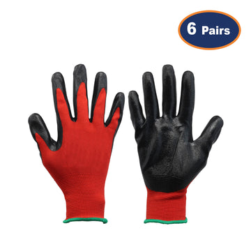 6Pcs Medium Size Red/Black Nitrile Flexi Grip Work Gloves