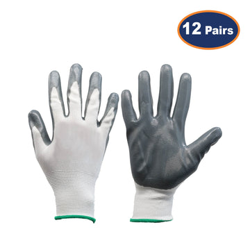12Pcs XL Size Grey/White Nitrile Flexi Grip Work Gloves