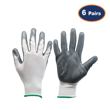 6Pcs Medium Size Grey/White Nitrile Flexi Grip Work Gloves