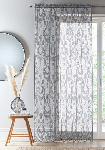 229cm Grey Damask Vintage Lace Voile Curtains Panel