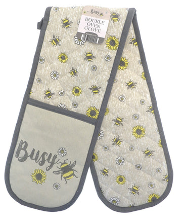 Bees & Flowers Double Oven Gloves Grey & Ochre