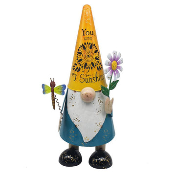 Bright Eyes Yellow Hat Gnome with Flower Garden Ornament