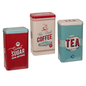 Set Of 3 Rectangular Vintage Tin Tea Coffee Sugar Kitchen Storage Jar Canisters