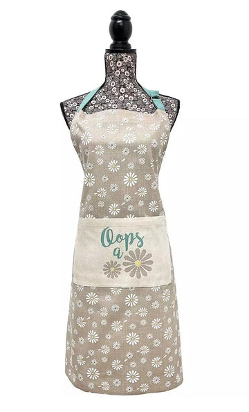 Oops A Daisy 100% Cotton Apron With Pocket - Beige Teal