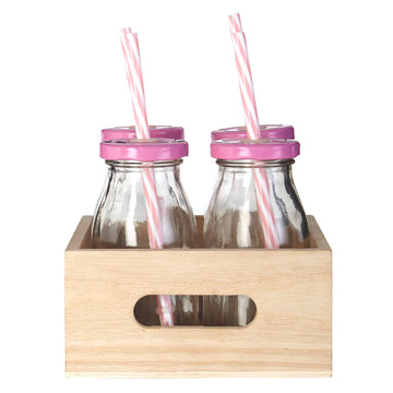 Set of 4 200ml Pink Glass Bottle with Wooden Crate