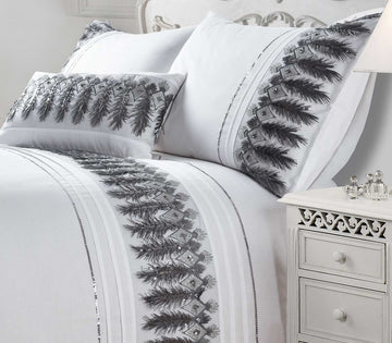 Embroidered Feathers Duvet Cover Set White Grey Single