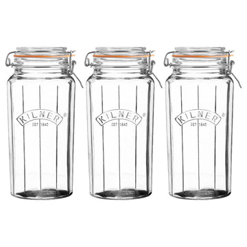 3Pcs Kilner 1.8L Cliptop Faceted Glass Storage Jars