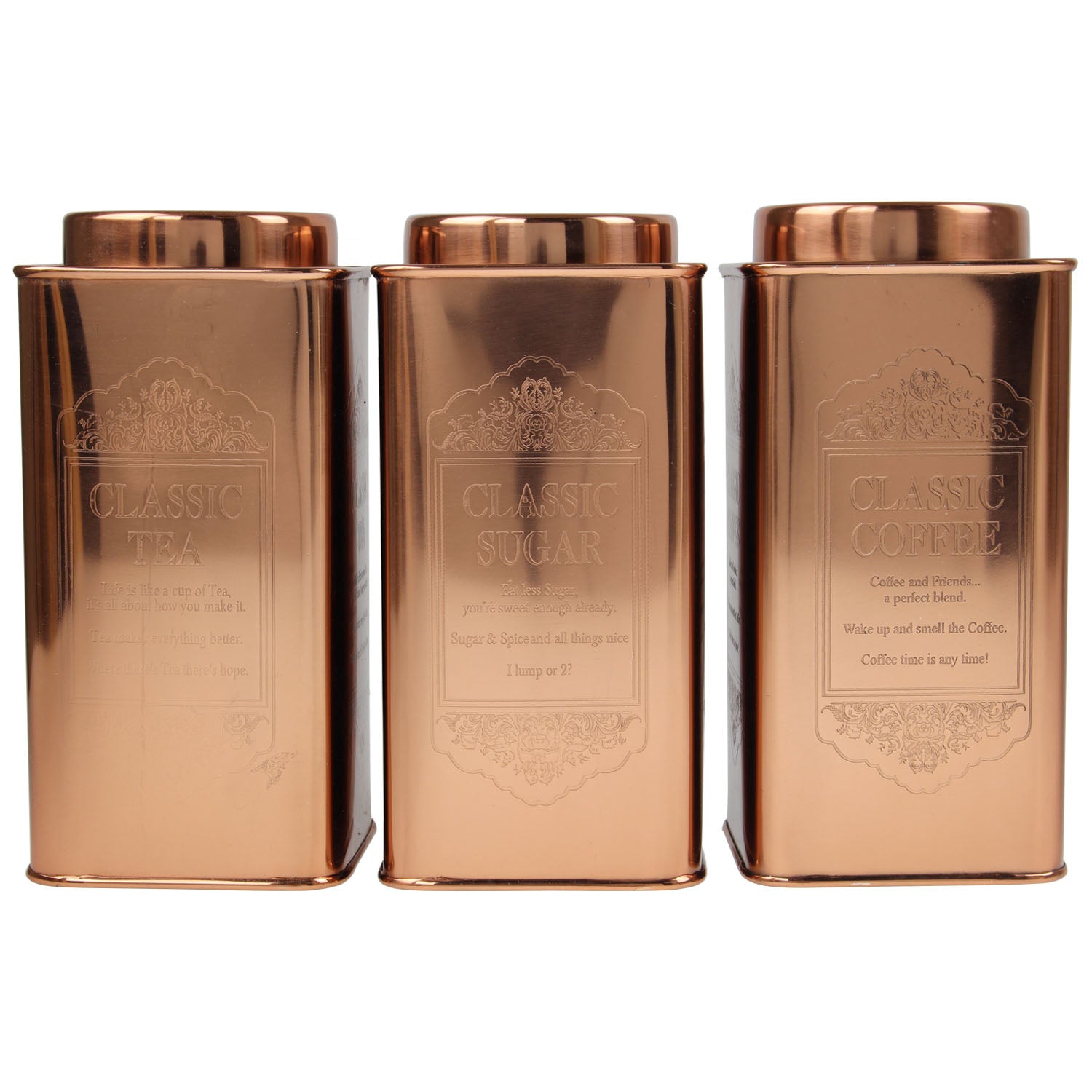 Set of 3 Large Tea Coffee Sugar Canisters Copper