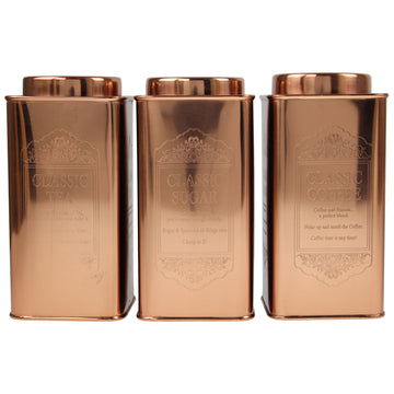Set of 3 Large Tea Coffee Sugar Canisters Copper
