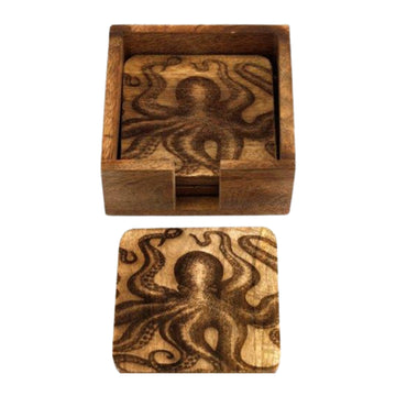Set Of 4 Octopus Design Wooden Coasters