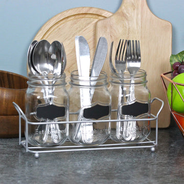 3pcs Mason Glass Jars Cutlery Holder w/ Rack
