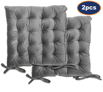 2 Pcs Thick & Quilted Velvet Seat Pad with Tie On - Silver