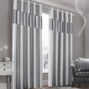 Geometric Velvet Faux Silk Lined Ring Top Curtains 90" x 90" - Silver Grey