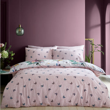 Catherine Lansfield Floral Fluttering Butterflies Duvet Cover Set, Double, Pink White