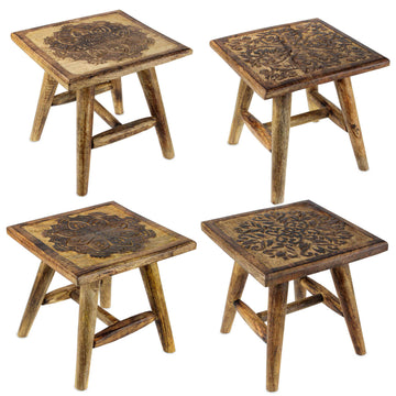 Hand Carved Brown Mango Wood Stool Set for Kids