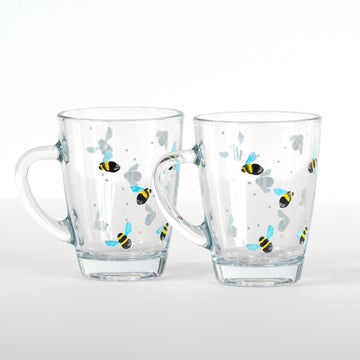 280ml Set of 2 Sweet Bee Print Decorated Glass Mugs