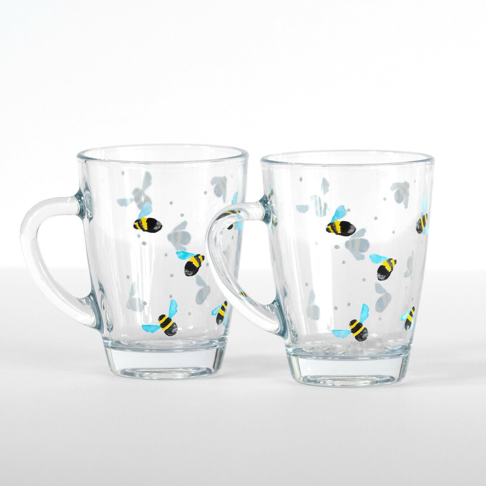 280ml Set of 2 Sweet Bee Print Decorated Glass Mugs