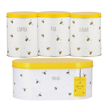 4Pcs Sweet Bees Tea Coffee Sugar Canisters & Bread Bin Set
