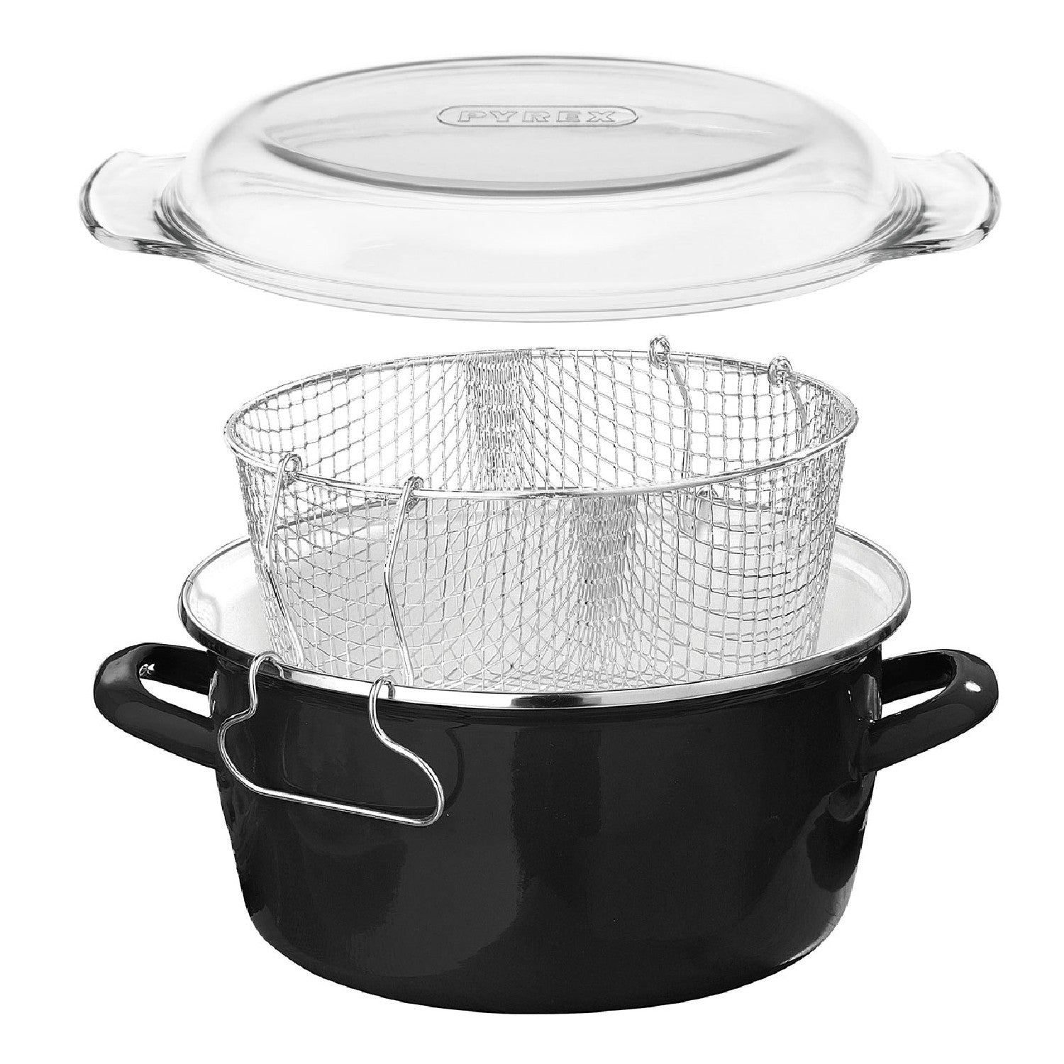 Black Enamel Glass Pyrex Lid Steel Deep Fryer