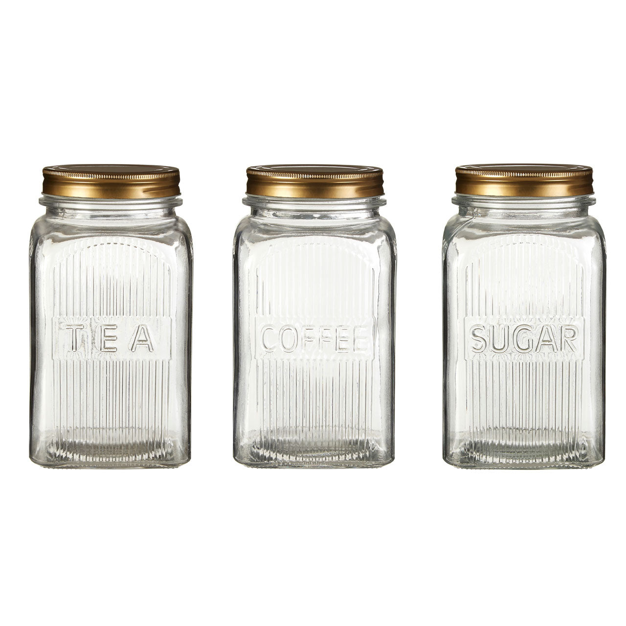 Set of 3 Embossed Glass Jars Gold Lid