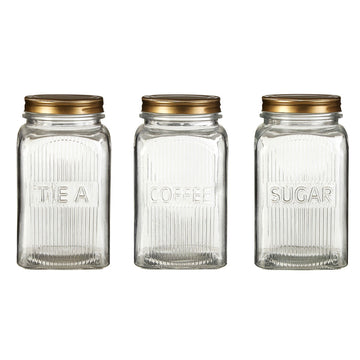 Set of 3 Embossed Glass Jars Gold Lid