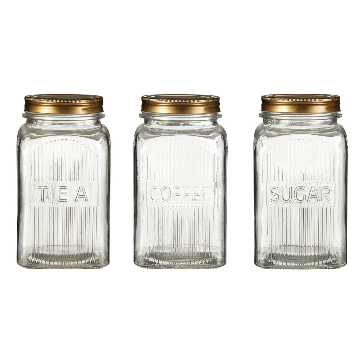 Set of 3 Embossed Glass Jars Gold Lid