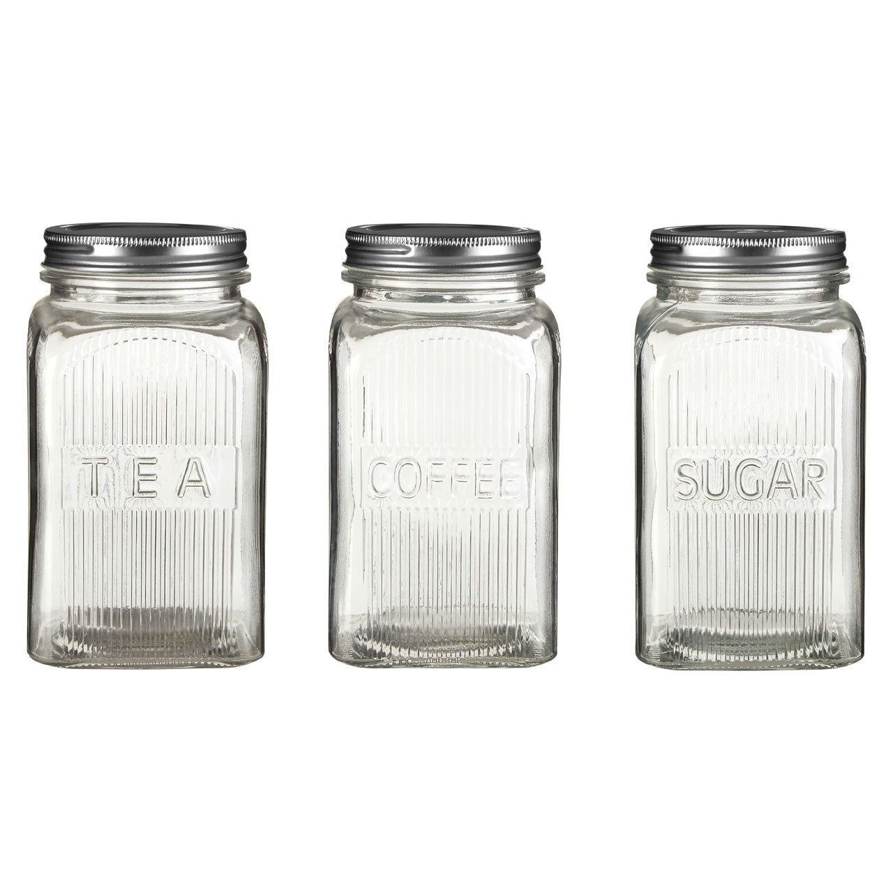 Set of 3 Coffee Tea Sugar Embossed Glass Jars
