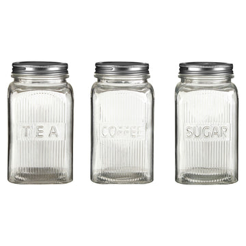 Set of 3 Coffee Tea Sugar Embossed Glass Jars