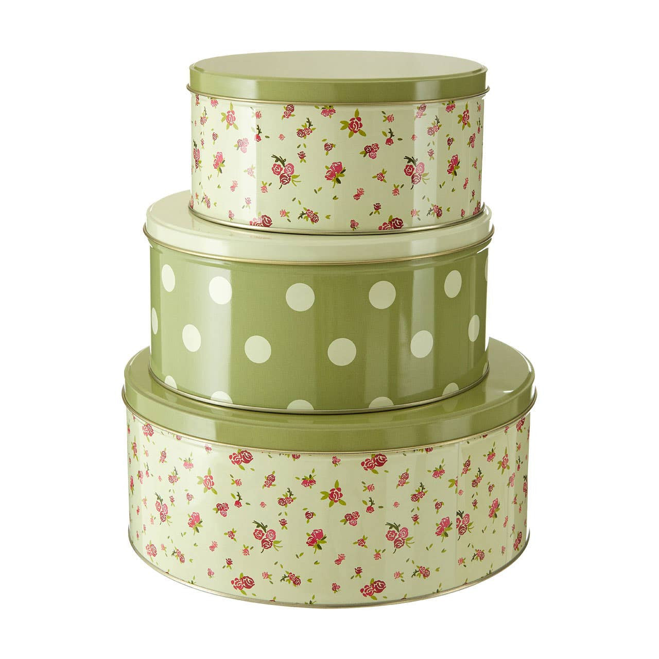 3Pcs Round Storage Tin Rose Cottage Green Stacking Containers