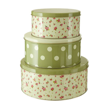 3Pcs Round Storage Tin Rose Cottage Green Stacking Containers