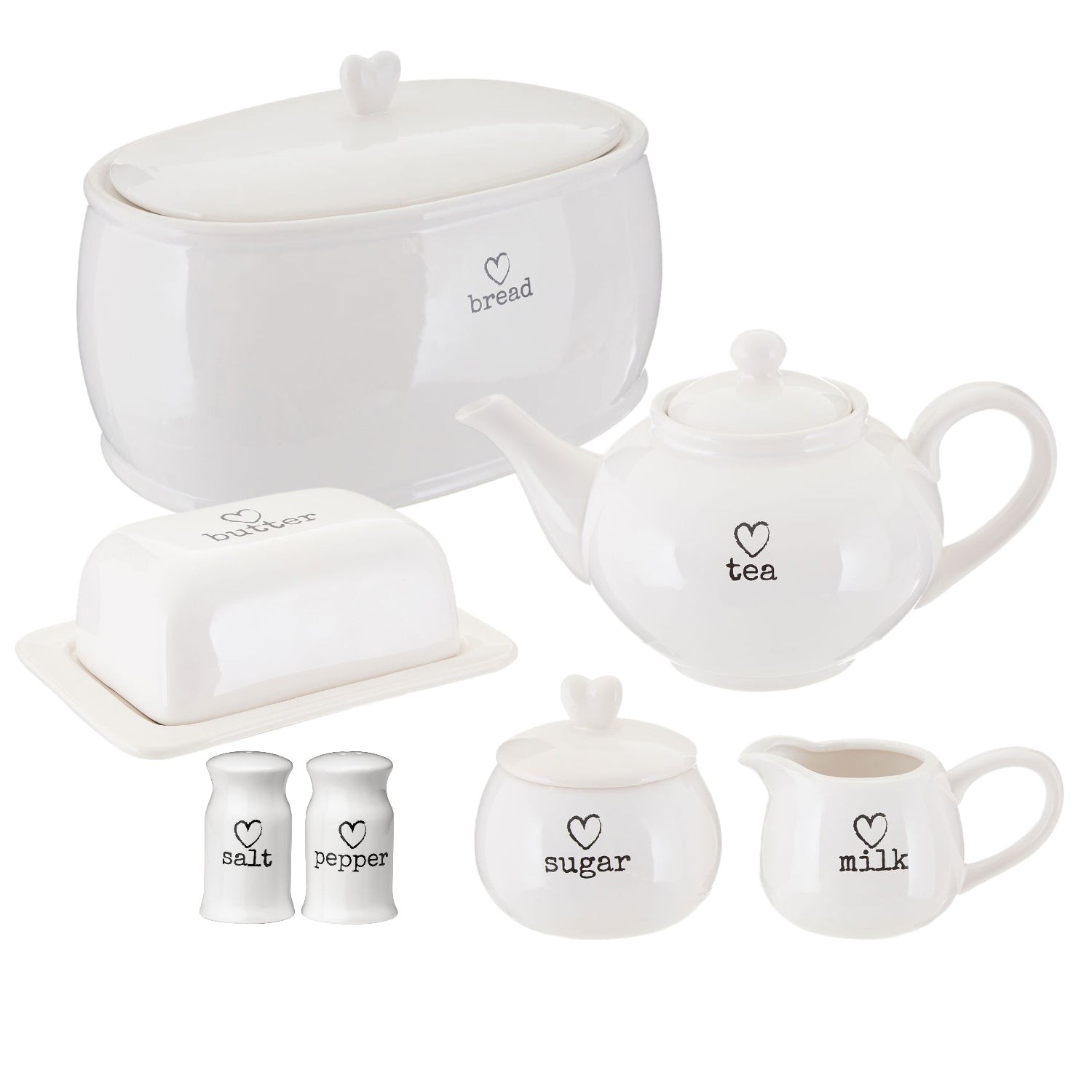 7pcs White Teapot Bread Crock Butter Dish Milk Sugar Salt & Pepper Set