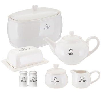 7pcs White Teapot Bread Crock Butter Dish Milk Sugar Salt & Pepper Set