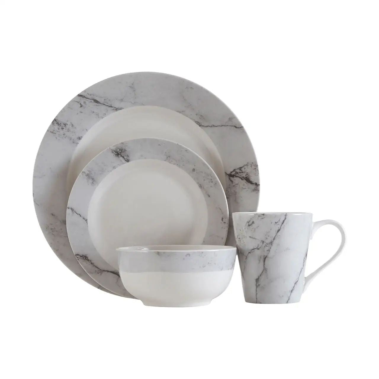 Elvie 16pc White & Grey Marble Effect Dinner Set